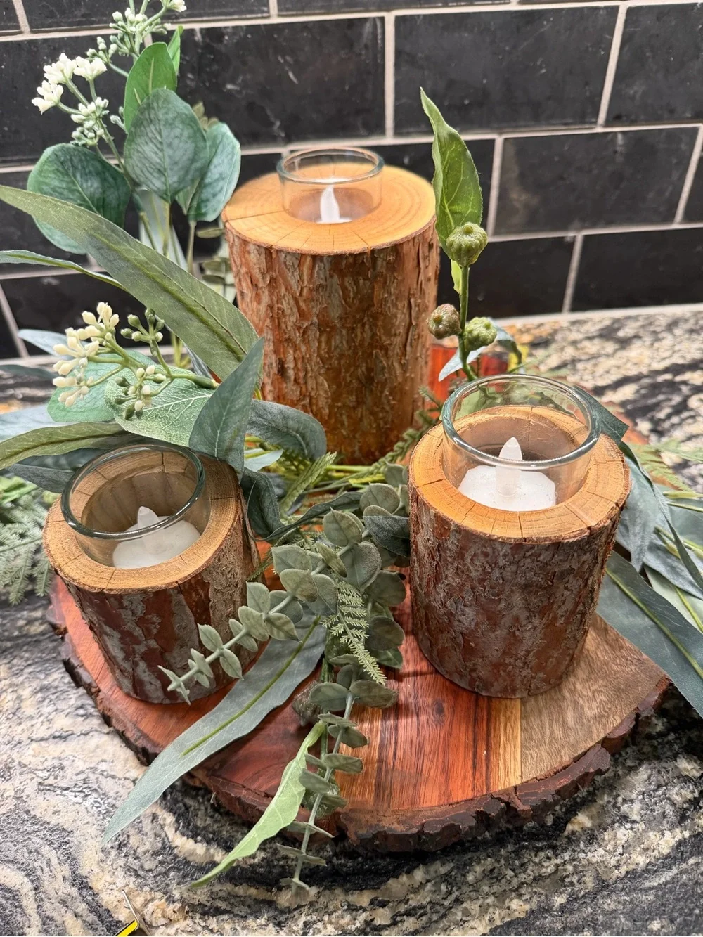 Rustic Lodge Cabin Wood Bark Votive Candle Holders - Natural Brown Centerpiece - Picture 3 of 15